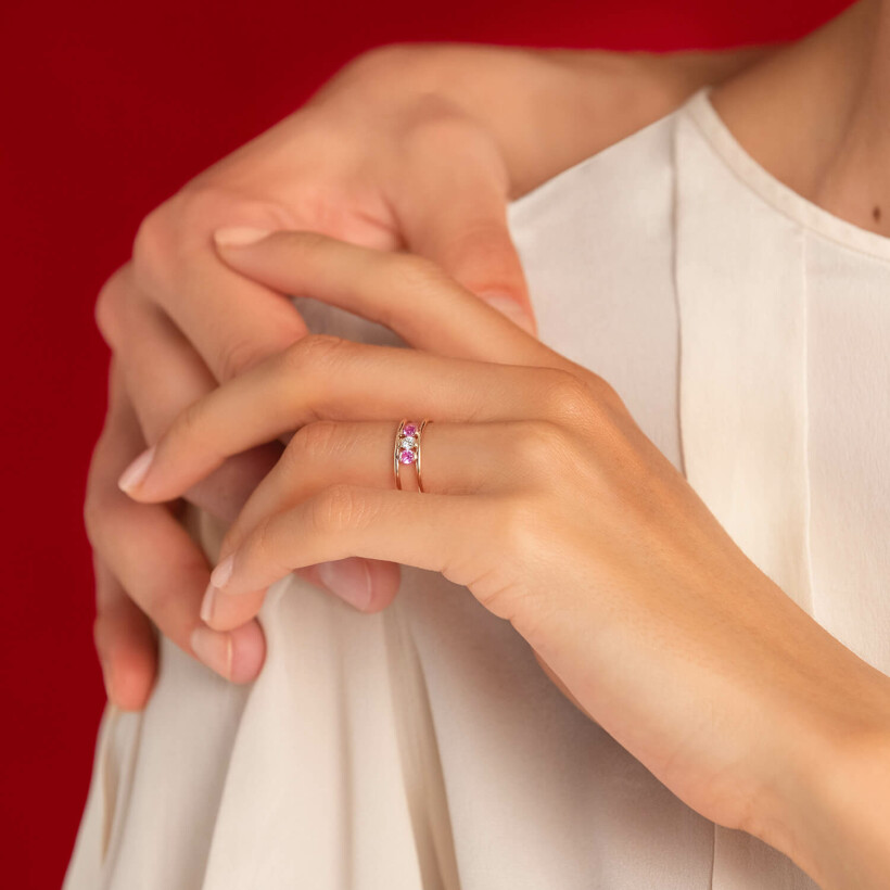 Bague La Brune & La Blonde HULA HOOP en or rose Trilogie Diamant et Saphirs Roses